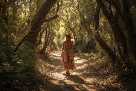 Boho girl walking at a shady forest path with dappled sunlight filtering through the trees, rear view. Travel light with ease and let nature guide you concept. Generative AIの素材