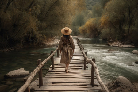 Boho girl walking at a tranquil riverbank with gentle rapids and a wooden footbridge, rear view. Travel light with ease and let nature guide you concept. Generative AIの素材