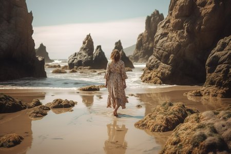 Boho girl walking at a rocky beach with sea stacks and tide pools, rear view. Travel light with ease and let nature guide you concept. Generative AIの素材