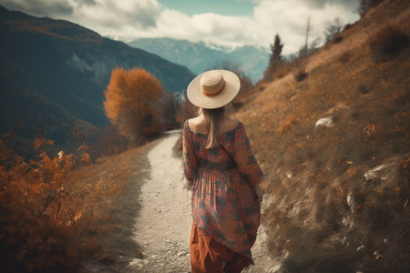 Boho girl walking at a mountain trail with stunning vistas and fresh alpine air, rear view. Travel light with ease and let nature guide you concept. Generative AIの素材