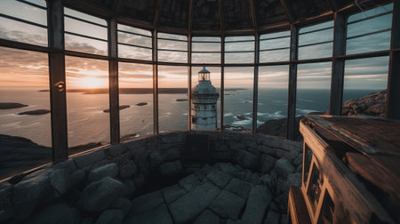 The strength and beauty of from the top of lighthouse tower, perched on a rocky cliff and overlooking the endless blue of the ocean. Generative AIの素材