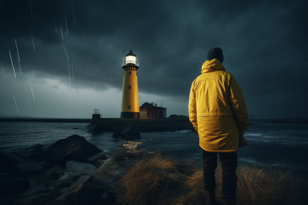 Back view of a man wearing yellow raincoat at a lighthouse, standing alone before an impending storm. Generative AIの素材