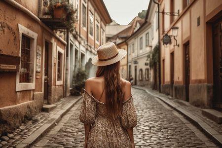 Boho girl walking at a historic cobblestone street in an old European town, rear view. Travel light with ease and let nature guide you concept. Generative AIの素材