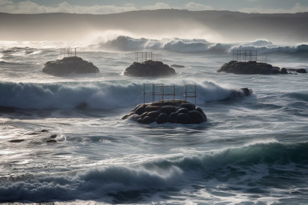 The rocky coast while promoting sustainable energy practices with offshore wave energy converters. A stunning landscape captures the harmony between nature and technology. Generative AIの素材