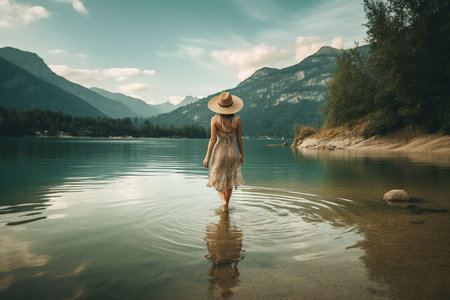 A boho girl walking by a crystal clear lake, surrounded by breathtaking mountain views, rear view. Travel light with ease and let nature guide you concept. Generative AIの素材