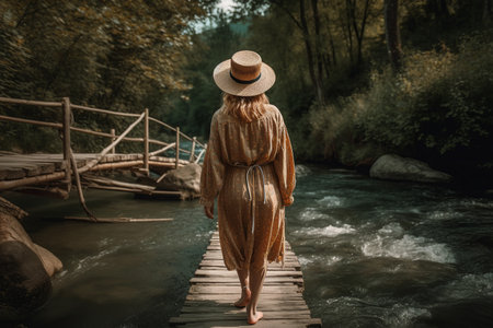 Boho girl walking at a tranquil riverbank with gentle rapids and a wooden footbridge, rear view. Travel light with ease and let nature guide you concept. Generative AIの素材