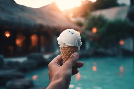 A person enjoys a creamy ice cream cone while taking in breathtaking views at a luxurious vacation destination. Generative AIの素材