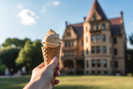 A break from studying and enjoy an ice cream cone on the lively college campus quad. The youthful energy and social atmosphere of campus life.の素材