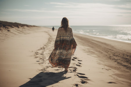 A boho girl walking at a sandy beach, surrounded by ocean and breathtaking cliffs views, rear view. Travel light with ease and let nature guide you concept. Generative AIの素材