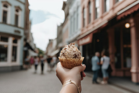 A person holds a delicious ice cream cone in their hand while strolling through a charming historic downtown district.の素材