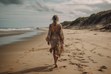 A boho girl walking at a sandy beach, surrounded by ocean and breathtaking cliffs views, rear view. Travel light with ease and let nature guide you concept. Generative AIの素材