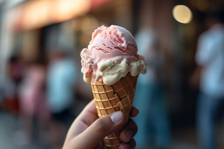 Enjoying the hustle and bustle of the city while savoring a mouthwatering ice cream at a sidewalk cafe. Generative AI.の素材