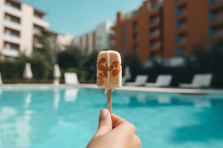 Savoring a delicious ice-cream while relaxing in a cozy poolside cabana. Generative AI.の素材