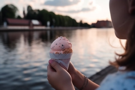 A refreshing ice cream treat while strolling along the picturesque riverfront promenade. The perfect summer day by the water.の素材