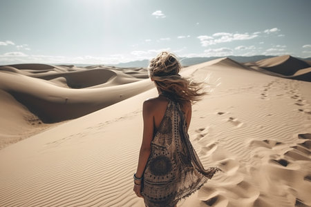 A boho girl walking at a sandy desert with wind surrounded by breathtaking swept sand dunes and vast open skies, rear view. Travel light with ease and let nature guide you concept. Generative AIの素材