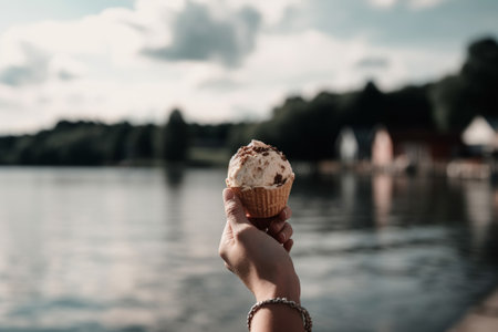 Basking in the beauty of nature while relishing a tasty ice cream at a serene lakeside dock. Generative AI.の素材
