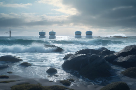 The rocky coast while promoting sustainable energy practices with offshore wave energy converters. A stunning landscape captures the harmony between nature and technology. Generative AIの素材