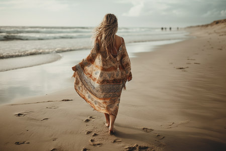 A boho girl walking at a sandy beach, surrounded by ocean and breathtaking cliffs views, rear view. Travel light with ease and let nature guide you concept. Generative AIの素材