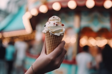 A person holds a sweet ice cream cone while having a blast at a vibrant and thrilling theme park. Generative AIの素材