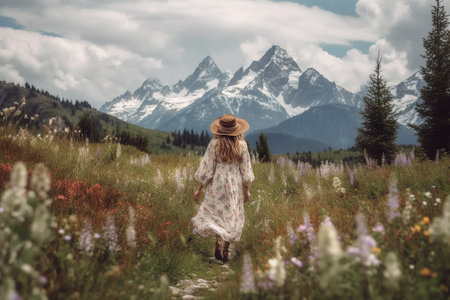 Boho girl walking at a wildflower filled meadow with views of snow capped mountains, rear view. Travel light with ease and let nature guide you concept. Generative AIの素材