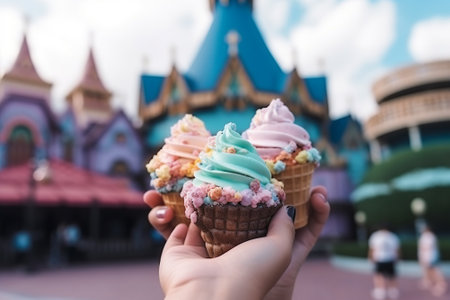 A person holds a sweet ice cream cone while having a blast at a vibrant and thrilling theme park. Generative AIの素材