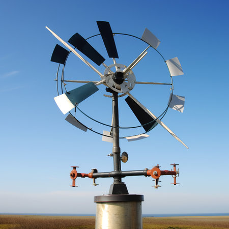 A closeup view of wind vanes on small horizontal axis wind turbines. The wind vanes help the turbines to automatically adjust to the direction of the wind.の素材