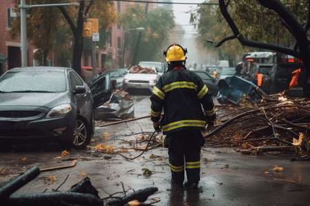 Back view of firefighters helping to clear fallen trees off cars in the aftermath of a stormy, rainy day. Generative AIの素材