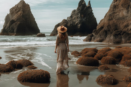 Boho girl walking at a rocky beach with sea stacks and tide pools, rear view. Travel light with ease and let nature guide you concept. Generative AIの素材