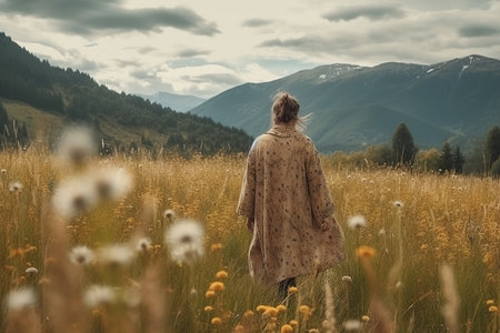 Boho girl walking at a wildflower filled meadow with views of snow capped mountains, rear view. Travel light with ease and let nature guide you concept. Generative AIの素材