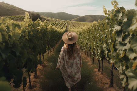 Boho girl walking at a vineyard with rows of grapevines and rolling hills, rear view. Travel light with ease and let nature guide you concept. Generative AIの素材