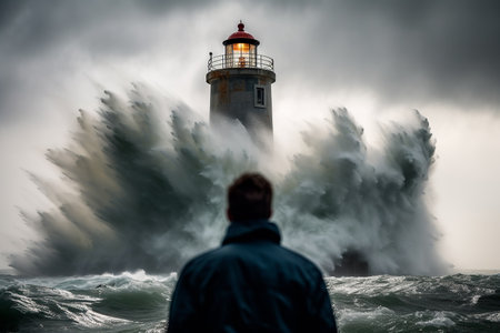 Back view of a man wearing yellow raincoat at a lighthouse, standing alone before an impending storm. Generative AIの素材