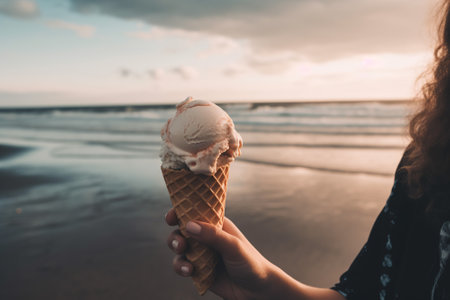 A person holding an ice cream cone in their hand while standing on a sandy beach with ocean waves in the background. Generative AIの素材
