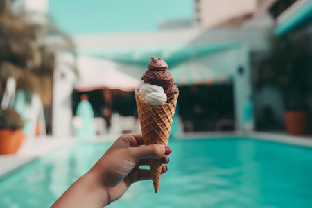 Savoring a delicious ice-cream while relaxing in a cozy poolside cabana. Generative AI.の素材
