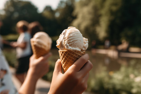 The flavors of nature while enjoying an ice cream cone at a botanical garden or arboretum. The beauty and tranquility of a lush garden oasis. Generative AIの素材