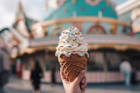 A person holds a sweet ice cream cone while having a blast at a vibrant and thrilling theme park. Generative AIの素材