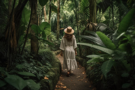 Boho girl walking at a tropical jungle with lush greenery and exotic wildlife, rear view. Travel light with ease and let nature guide you concept. Generative AIの素材