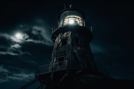 A dark and eerie lighthouse stands tall in the night, with a bright and ominous light shining from its tower. Generative AIの素材
