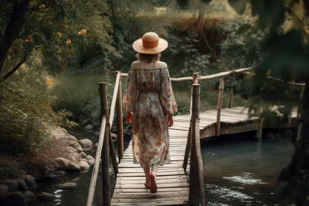 Boho girl walking at a tranquil riverbank with gentle rapids and a wooden footbridge, rear view. Travel light with ease and let nature guide you concept. Generative AIの素材