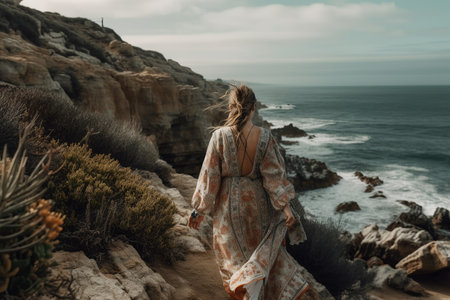 Boho girl walking at a rocky seaside cliff with ocean views, rear view. Travel light with ease and let nature guide you concept. Generative AIの素材
