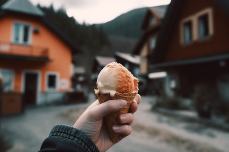 Taking a break from the adventure and relishing a scrumptious ice cream at a cozy mountain resort. Generative AI.の素材