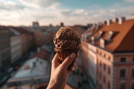 A person holding an ice cream cone on a rooftop terrace, looking out at a city skyline in the distance. Generative AIの素材