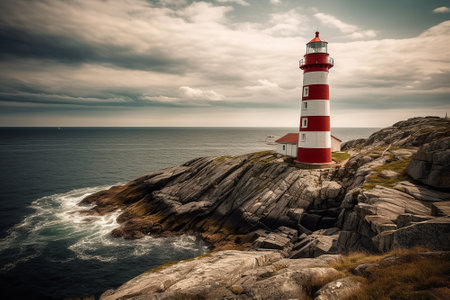 The strength and beauty of a lighthouse tower, perched on a rocky cliff and overlooking the endless blue of the ocean. Generative AIの素材