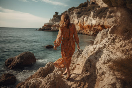 Boho girl walking at a rocky seaside cliff with ocean views, rear view. Travel light with ease and let nature guide you concept. Generative AIの素材