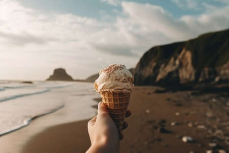 A person holding an ice cream cone in their hand while standing on a sandy beach with ocean waves and mountais in the background. Generative AIの素材