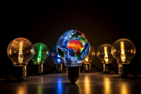 The complex network of energy exchange between countries, interconnected world. The broad lighting and bulb with a world map decoration as the distribution of energy across continents. Generative AIの素材