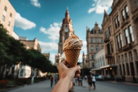 A person holds a delicious ice cream cone in their hand while strolling through a charming historic downtown district.の素材