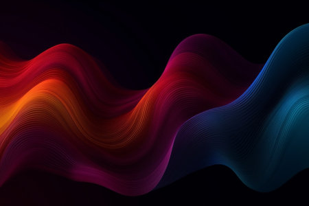 A dark, grainy color gradient wave in purple, red, yellow, and blue hues with black copy space. Ideal for posters, banners, and covers with abstract designs. Generative AIの素材