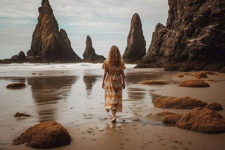 Boho girl walking at a rocky beach with sea stacks and tide pools, rear view. Travel light with ease and let nature guide you concept. Generative AIの素材