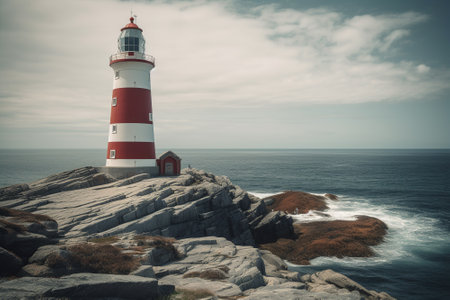 The strength and beauty of a lighthouse tower, perched on a rocky cliff and overlooking the endless blue of the ocean. Generative AIの素材