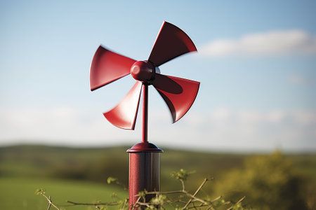 A closeup view of wind vanes on small horizontal axis wind turbines. The wind vanes help the turbines to automatically adjust to the direction of the wind.の素材